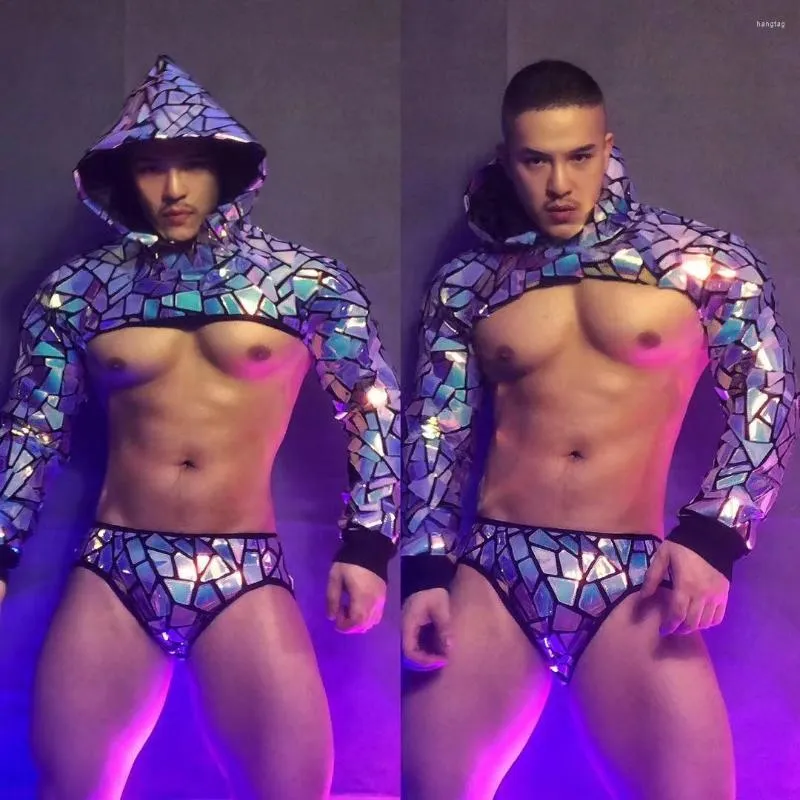 Scene Wear Nightclub Bar Party Show Outfit Men Laser Dance Costume Dancer Team DJ GOGO Glitter paljetter Mirror Hooded Topps Shorts