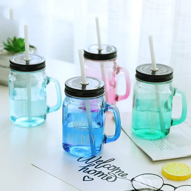 Mugs Free Gradient Mason Jar Of Milk Tea Cup Classic Insulated Tumbler Kettle Metal Cover With A Straw Size StrawMugs