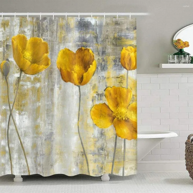 Rideaux de douche Rideau de fleur jaune Aquarelle Peinture Floral Art Design pour la salle de bain familiale Décor Polyester durable avec crochets