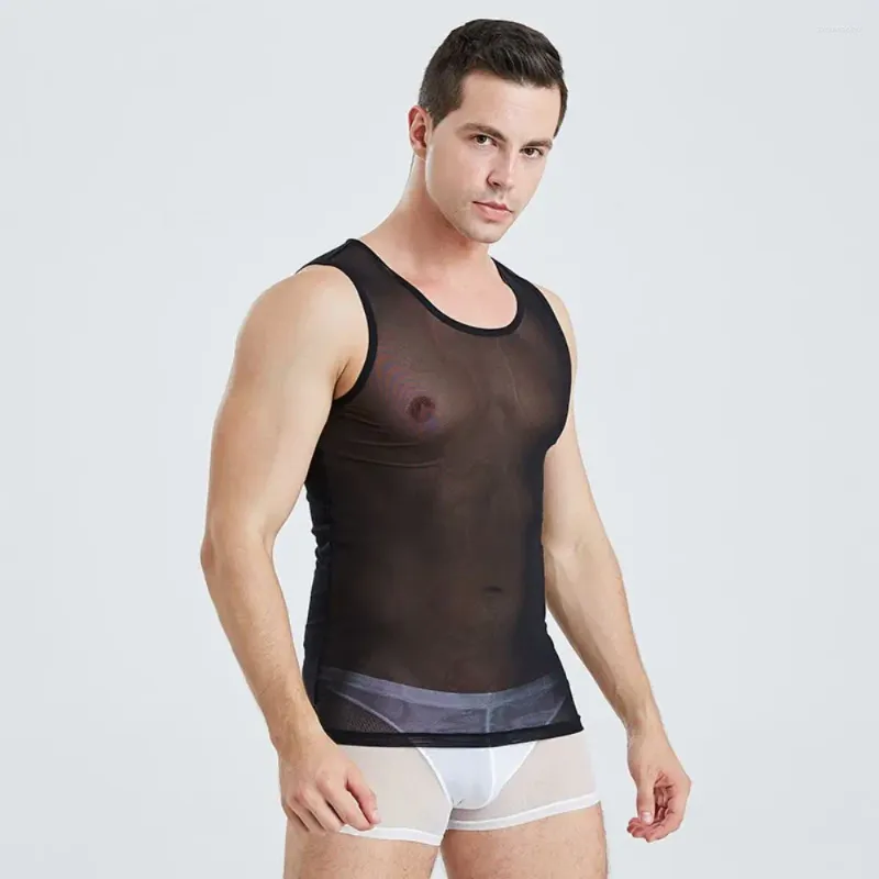 Débardeur Sexy en maille translucide pour hommes, haut de sport transparent, respirant, haute élasticité, T-Shirt sans manches, sans pantalon