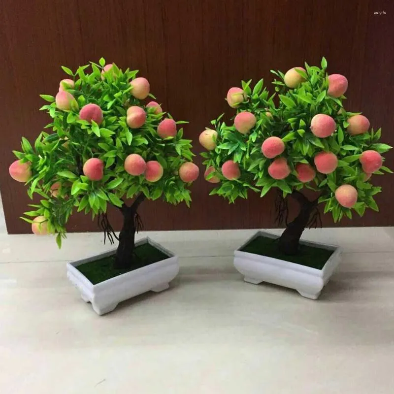 Dekorativa blommor chic simulering bonsai iögonfallande falskt persikfruktträd delikat plast konstgjord för balkong