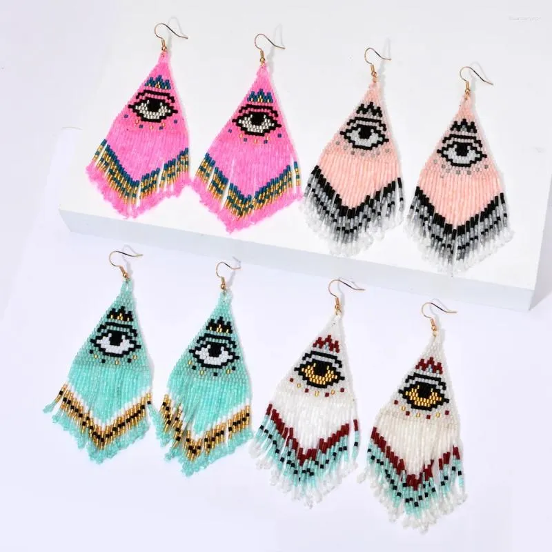 Dangle Earrings Beaded Tassel Eye Originality Hand Knitting Bohemia Alloy Individuality Fashion Design Simple Rice Bead