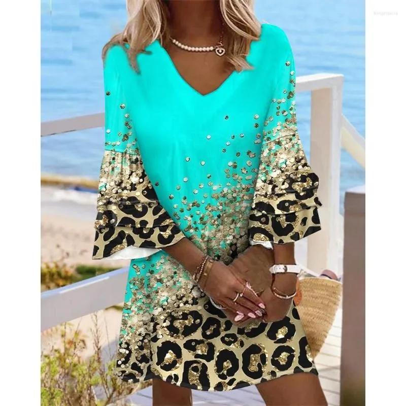 Casual Dresses Women Contrast Leopard Print Butterfly Bell Long Sleeve Dress Sweet Femme Summer V Neck Short Night Party Gowns