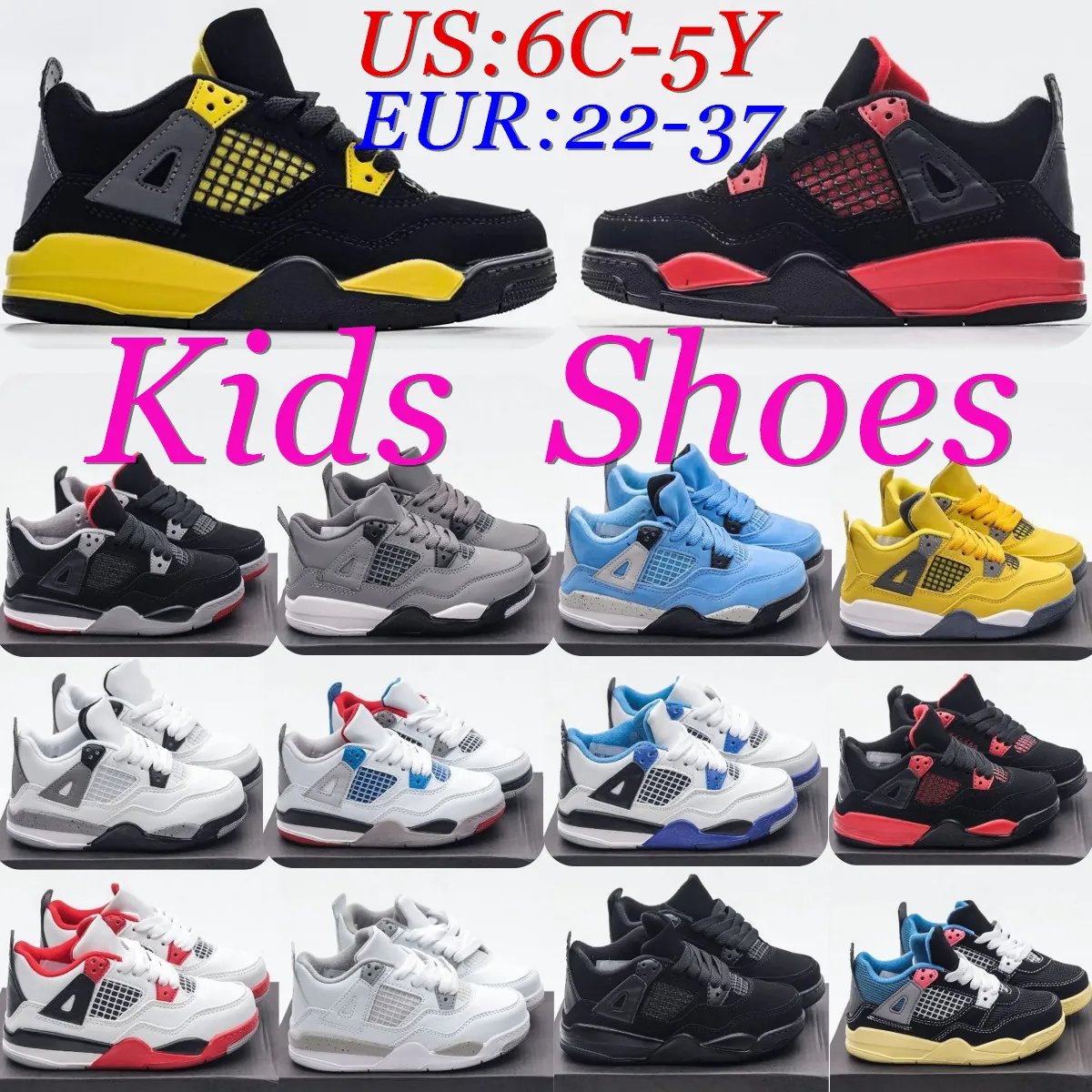 4S Kids Shoes 4 Basketball Shoe Black Cat Toddler Sneakers TD Cool Grey University Blue Brud Boys Girls Basketball Pour Enfants Athletic Outdoor With Box