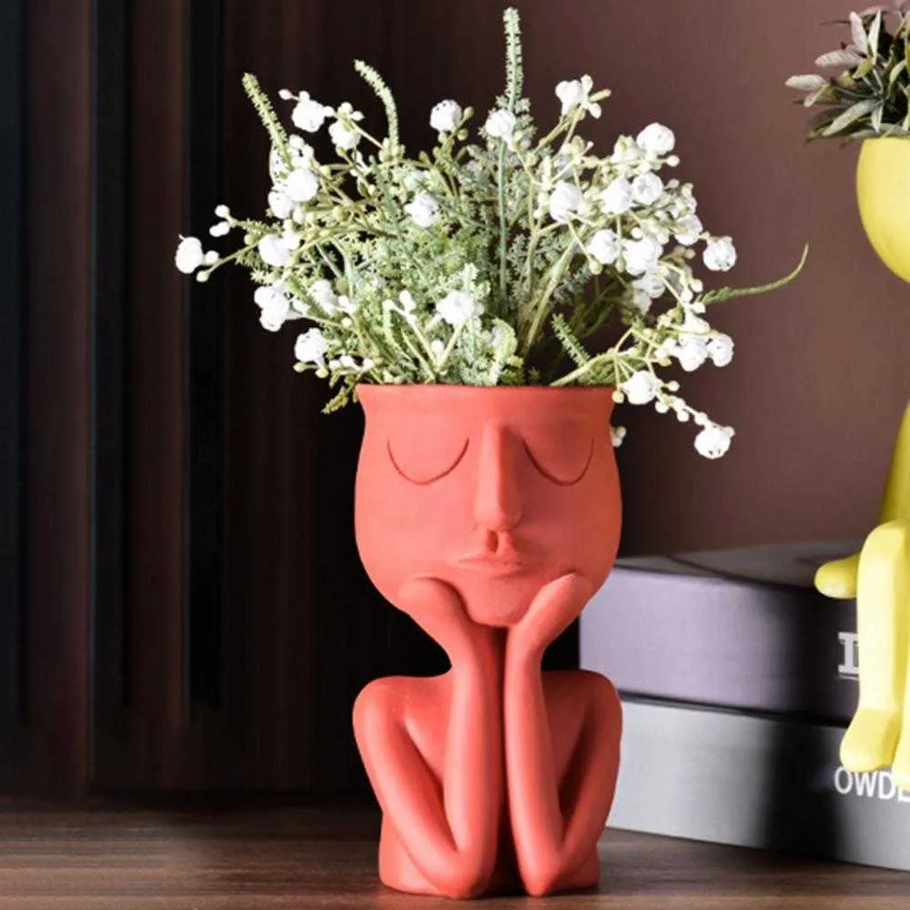 Vaser dropshipping Human Think Face Ceramic Home Plants Flower Pot Vase Planter Decoration Sculpture Table Flower Vases Portrait 2021 P230411