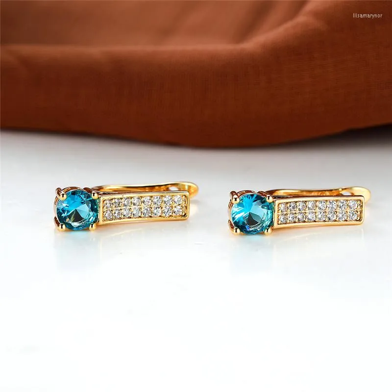 Hoop Earrings Dainty Small Round Blue Zircon Luxury Crystal White Stone Boho Gold Color Wedding For Women