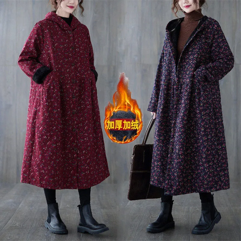 Trench-Coat femme polaire automne et hiver veste en lin coton petit Floral Plus velours chaud coupe-vent à capuche Long Abrigos M1547 230411