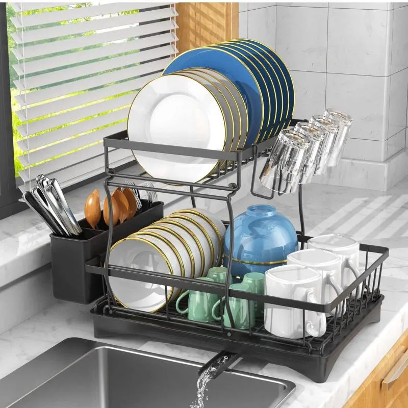 Hooks 360°Drainage Dish Drainboard Set With Cutlery Holder And 4 Cup Drainers Over Sink Drying Rack On Counter