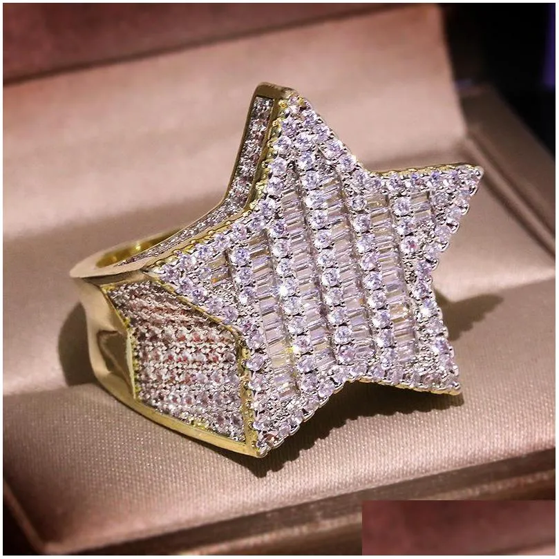 Med sidorstenar Mens Iced Out Gold Rings Fivepointed Star Fl Diamond Hip Hop Ring Jewelry Drop Delivery Dhgarden Otxp1