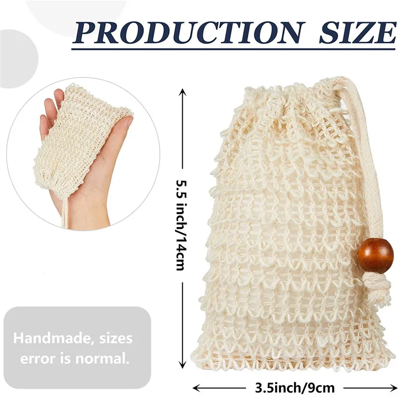 Soap Saver Bag Sisal Soap Bag Exfoliating Soap Pouch with Drawstring Bar Soap Bag with Wooden Bead Foaming and for Bath and Shower