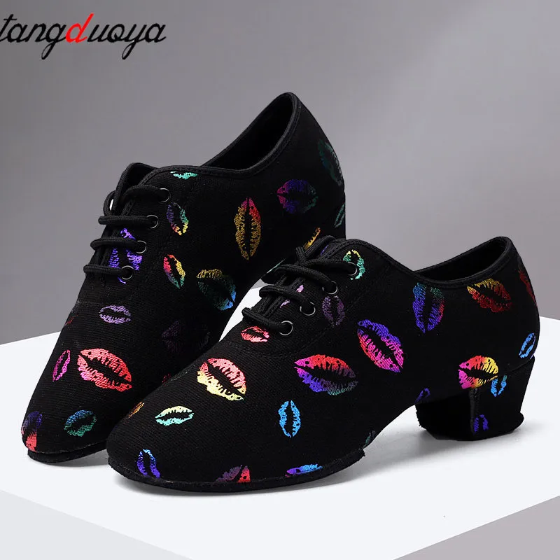 Heel 222 High Sneakers Ballroom Latin Dance Woman Black Red Close Toe Dancing Shoes For Women Lip Print 230411