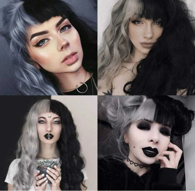 rendendo Anime feminino pele falsa preto e branco urso cosplay peruca preto e cinza combinando com cabelo longo encaracolado com franja e touca de cabelo de fibra sintética