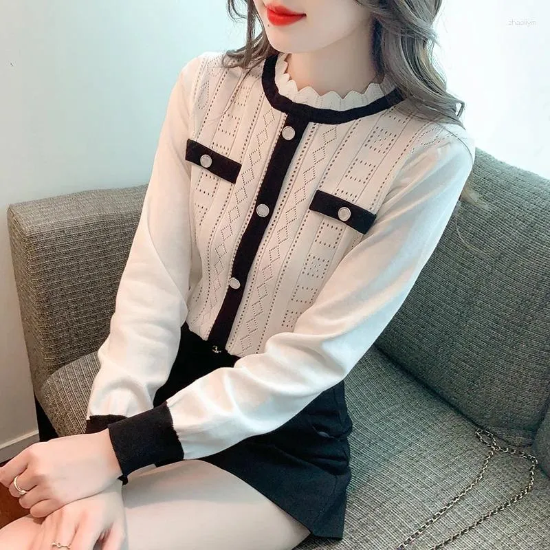 Chandails pour femmes MN Style classique coréen tricoté chemise pour femmes doux contraste couleur élégant petit haut occidental