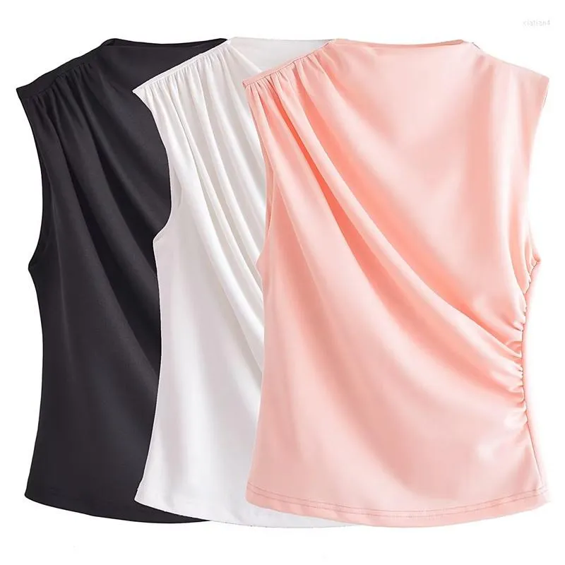 Kvinnors blusar Kvinna Elegant solida veckade tankar 2023 Spring Female Sweet Pink Casual ärmlösa toppar damer Soft Basic Mock Neck Tank