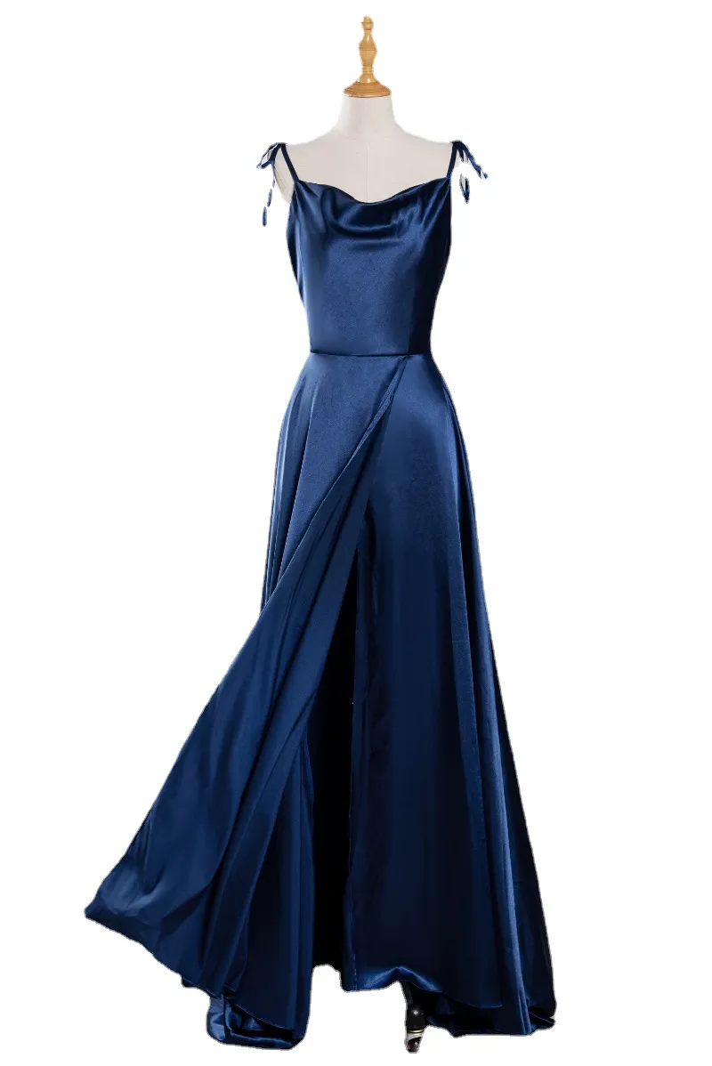 Verstellbare Spaghetti-Träger für Damen, Schlitz, Satin, Abendkleid, lang, marineblau, Wasserfallausschnitt, formelle Abendballkleider mit Taschen