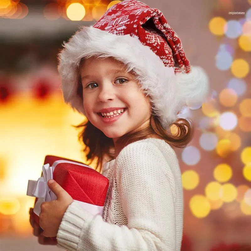 Decorazioni natalizie Cappello per adulti Bambini Fiocco di neve Cappello da Babbo Natale a strisce ondulate con peluche per la casa Navidad Decorazioni per l'anno Regali di Natale Cappelli invernali caldi1