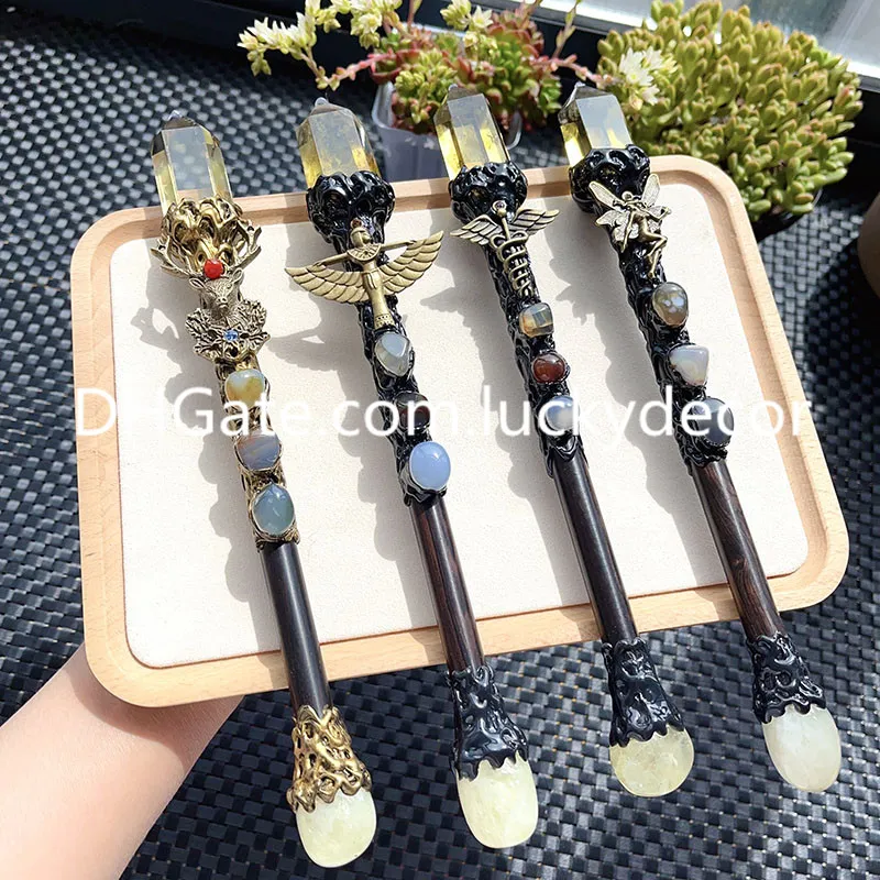 Natural Citrine Crystal Point Magic Wand Stave Crafts Handmade Long Witch Wicca Wizard Scepter Altar Rituals Tools Oregelbundet Chakra Quartz Agate Pärlor Harts Fairy