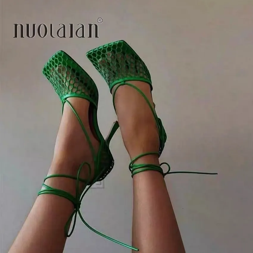 Sandals Sexy Green Mesh Women Pumps Female Square Toe high heels Lace Up Cross tied Stiletto hollow Party Shoes Woman 230411