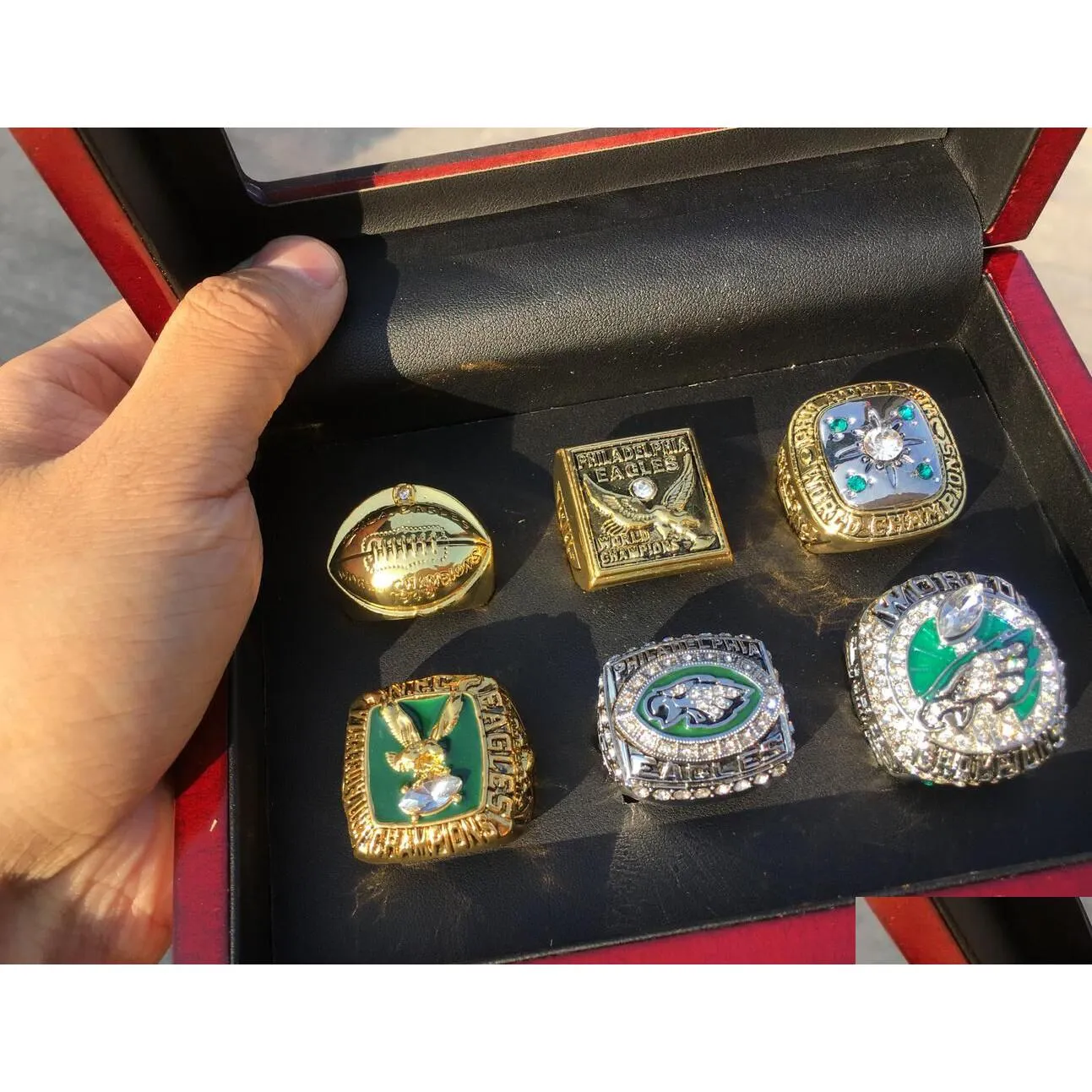 Set di anelli da campionato dei campioni della squadra di football americano dell'Aquila da 6 pezzi di Philadelphia con scatola di legno, souvenir, regalo per i tifosi, consegna a domicilio Dhlfs