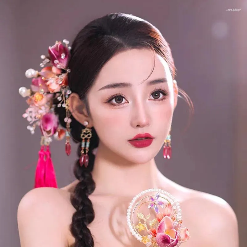 Hårklipp etnisk stil kinesisk klassisk brud tulpan hårnål pan huvudbonad set lätt eleganta bröllopstillbehör