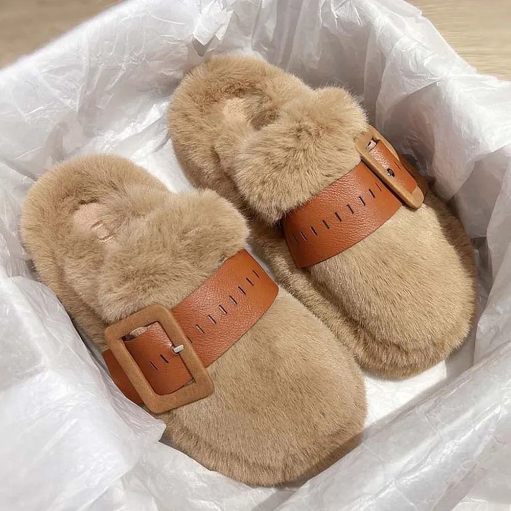 Fashion Fur Flats Platform Home Shoes Winter Slides Warm Foot Wear Women Slippers 2023 Mujer Zapatillas Mules Causal Shoes