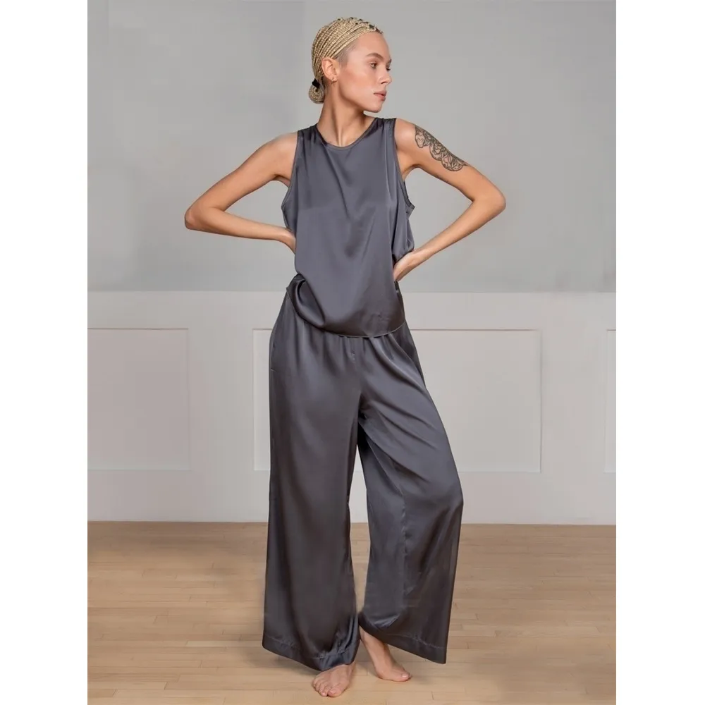 Pantalones de dos piezas para mujer, traje de pijama para mujer, conjuntos de ropa de hogar para primavera y verano, chaleco con espalda cruzada sin mangas, pantalones sueltos, conjuntos de dos piezas