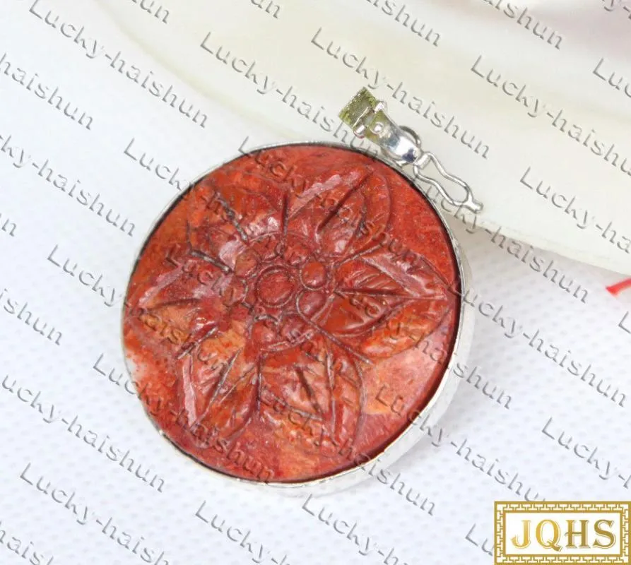 Pendant Necklaces 35mm Natural Carve Flower Coin Red Sponge Coral Pendants 925s Silver C464 NecklacePendant PendantPendant