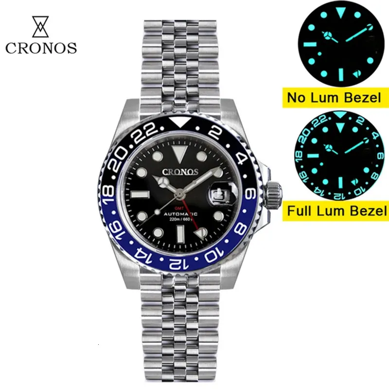 Wristwatches Cronos GMT Automatic Mens Watches Bidirectional Bezel Sapphire 20 ATM NH34 Solid 5 links Metal Bracelet BGW9 Lum 231110