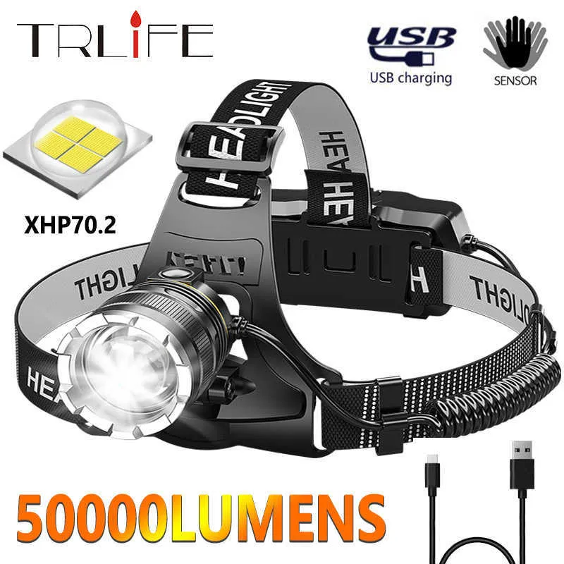 ヘッドランプ500000LM強力なヘッドランプXHP70 LEDヘッドライトセンサー屋外防水USB充電式ズームヘッド懐中電灯使用18650バッターP230411