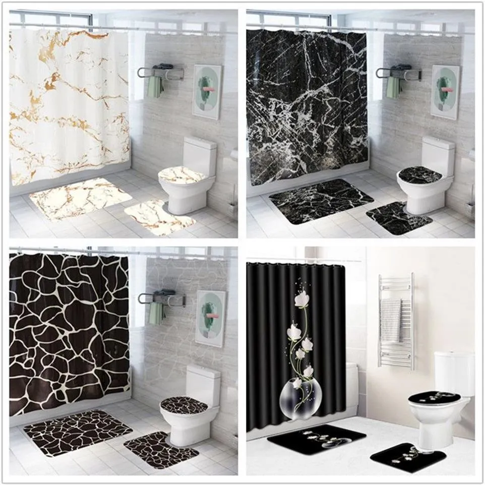 Criativo impressão de mármore banheiro cortina de chuveiro à prova dwaterproof água pedestal tapete tampa toalete conjunto banho cortina conjunto t200102298z