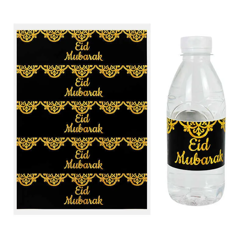 4 PC Gift Wrap 10pcs Eid Mubarak Bottle Wrapper Stickers Adhsive Bronzing Gold Black Water Bottles Cover Decor Ramadan Festival Party Supplies Z0411