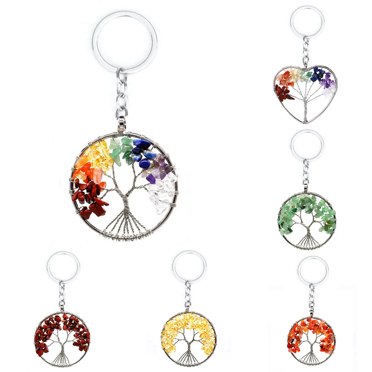 Natural Crystal Stone Tree of Life Key Rings Pendant 7 Chakra Hanging Copper Wire Wrap Round Love Heart Keychain Holder