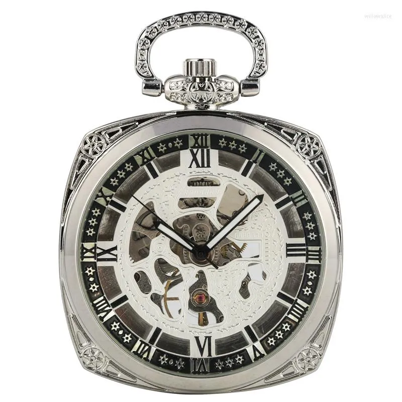 Pocket Watches Hand Winding Mechanical Watch For Man Exquisite Square Roman Siffer Hollow Out Gift