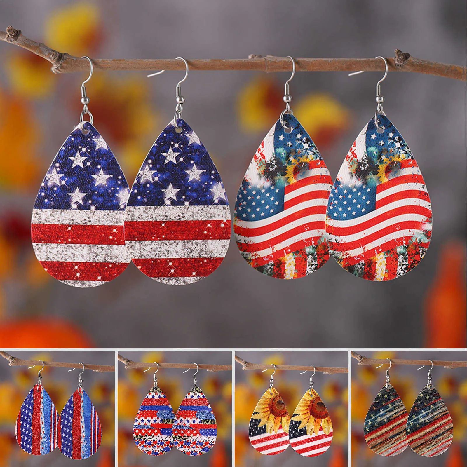 Dangle Chandelier New American Independence Day Earrings American Flag Stars Sunflower Doublesided PU Leather Water Drop Ear Rings Z0411