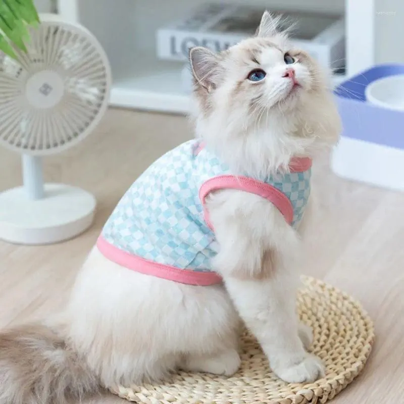 Trajes de gato xadrez filhote de cachorro colete durável respirável algodão sem mangas camisa macia cão hoodies para a primavera e verão