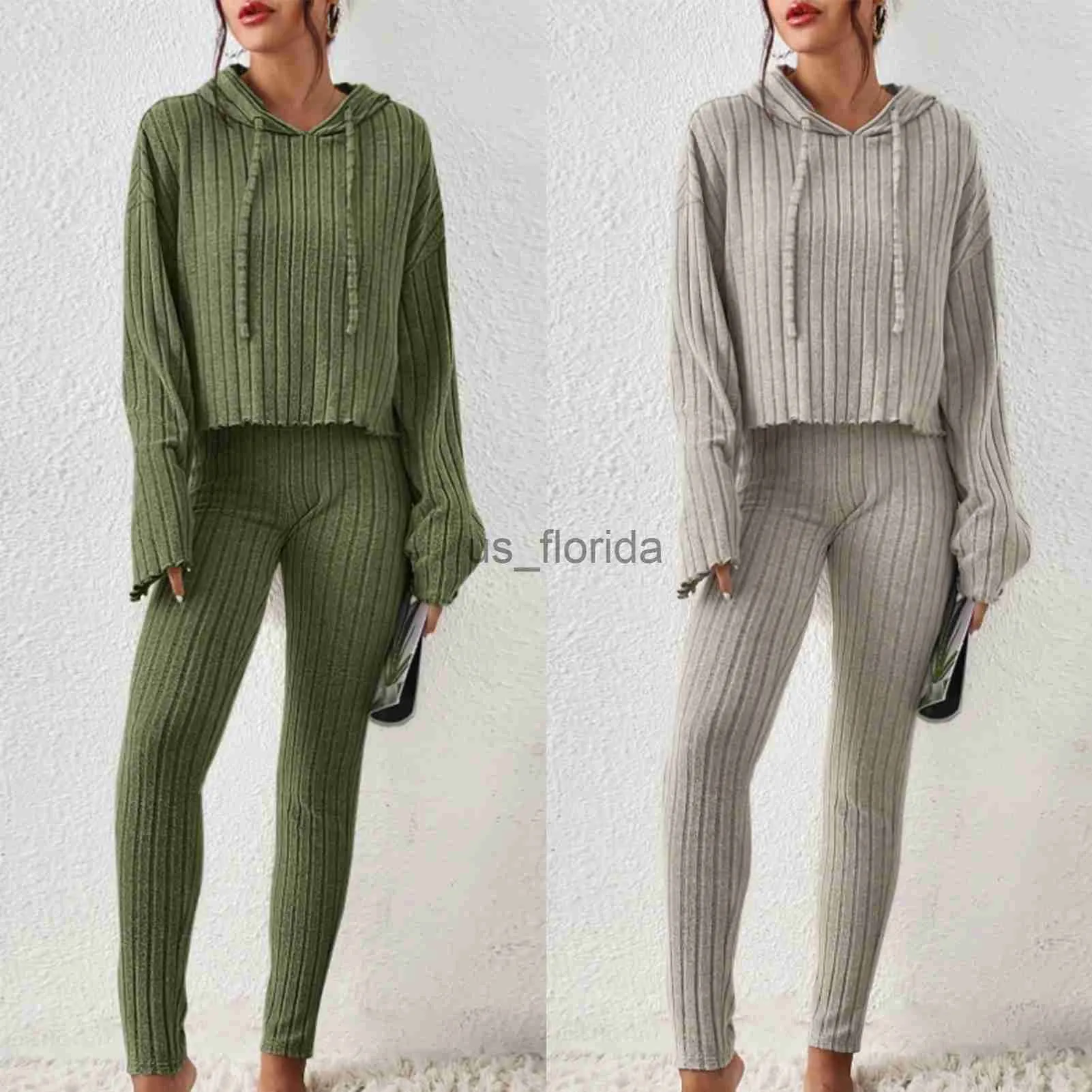 Women's 2 Piece Outfits Sweatsuit solid color Fashion Knitting Lace Fashion  Leisure Suit Two-piece versatile Stylish and casual Set Khaki XXXL