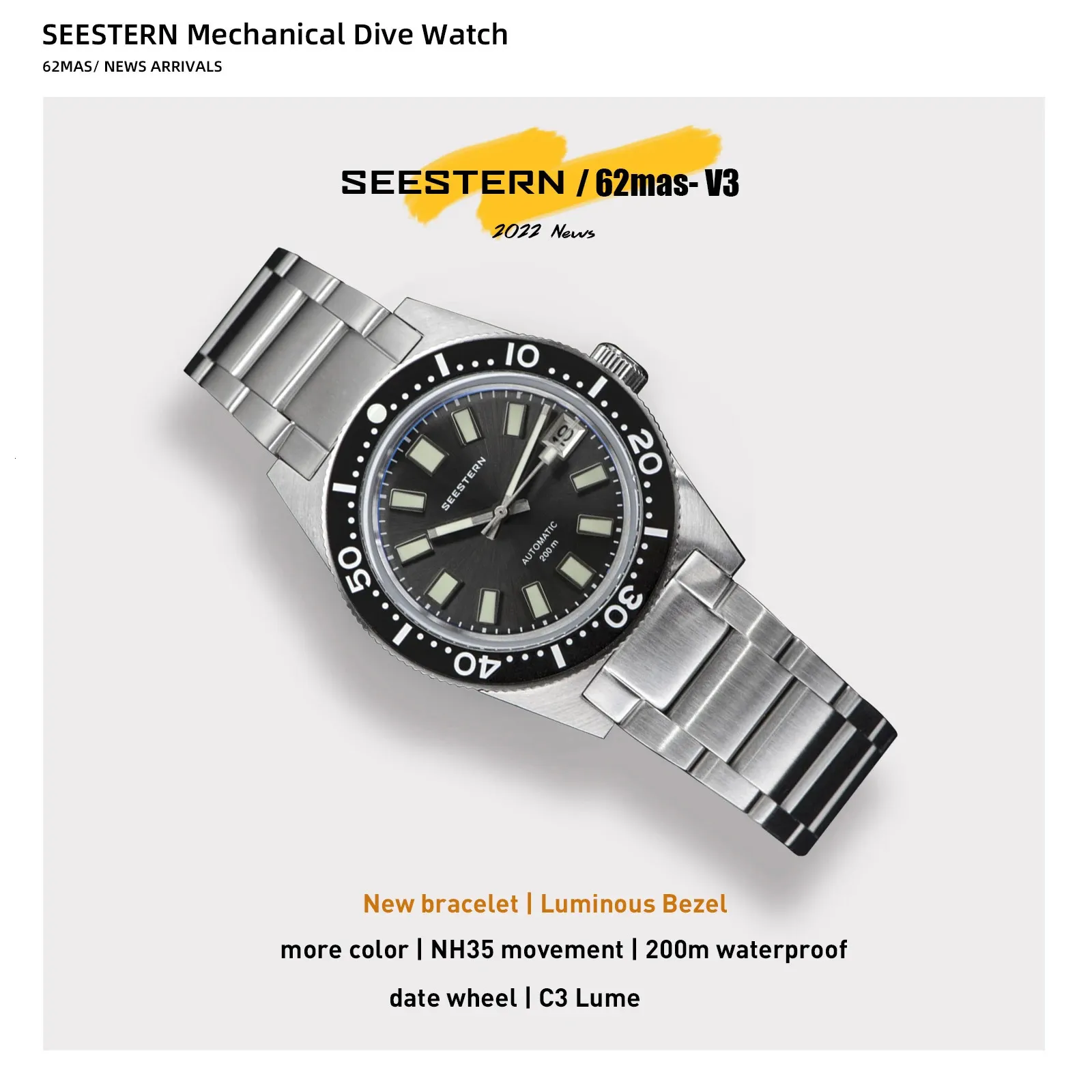 Watch Bands SEESTERN 62MAS Diving Men Automatic Mechanical Wristwatch Luminous Bezel Waterproof NH35 Movement Sapphire Glass Bracelet 231110