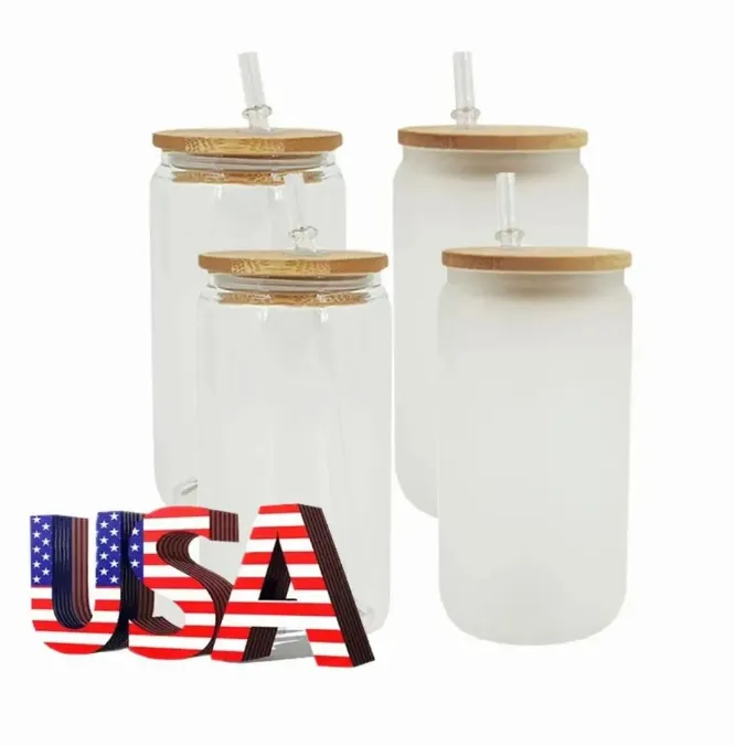 Almacén de EE. UU. Tazas de cerveza de vidrio de sublimación de 16 oz con tapa de bambú Paja Espacios en blanco de bricolaje Vasos transparentes en forma de lata Copas Cóctel de transferencia de calor N0411