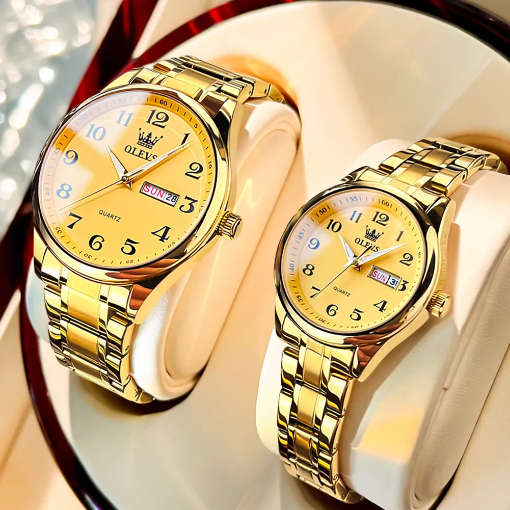 Relojes de pulsera OLEVS 2023 de lujo de acero inoxidable para amantes, relojes de moda de cuarzo dorado para hombres y mujeres, reloj de pulsera para parejas de amantes 230410