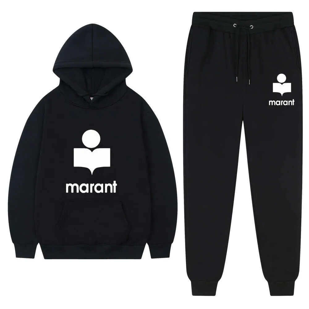 2023 primavera e outono conjunto casual masculino moletom nova moda marant impressão masculina manga longa calças com capuz