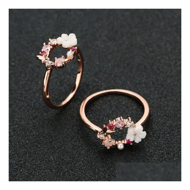 Fashion Creative Butterfly Flowers Crystal Finger Wedding Rings for Women Rose Gold Zircon Glamour Ring Jewel Girl Gift Drop Deliver Dh2db