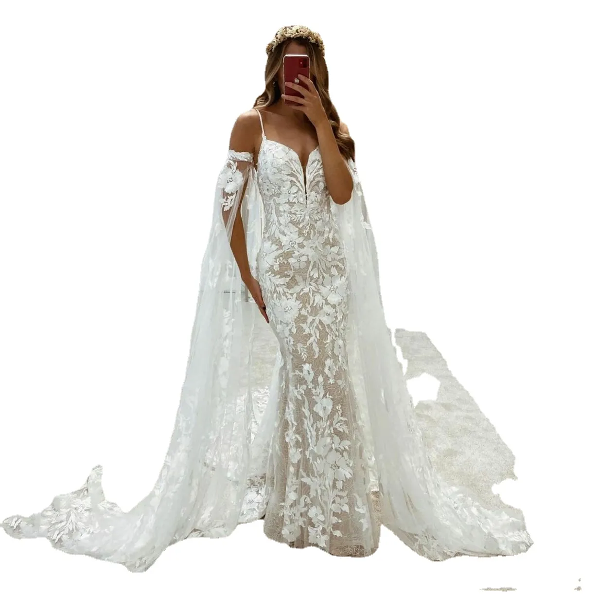 SoDigne robes de mariée sirène dentelle Spaghetti sangle doux Tulle dos nu robes de mariée avec châle robe de mariée avec Train