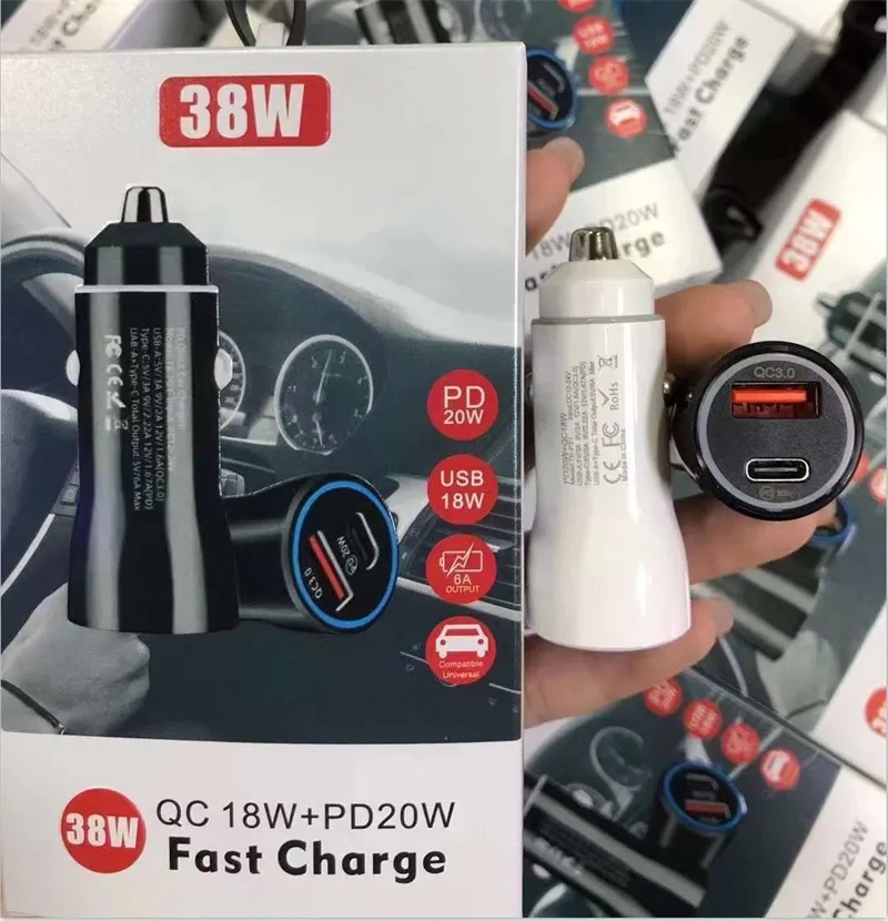 38W USB C CAR CHARGER QC 3.0 PD 4.0 TYPE C TYPE C高速車電話充電器用iPhone 14 13 12 Samsung S22 Ultra Xiaomi Huawei with Retail Boxパッケージ