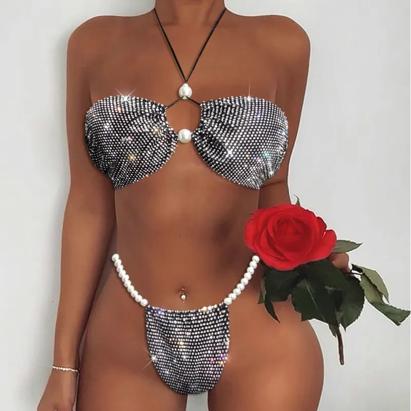 Kvinnors badkläder adogirl 25 färg sexiga kvinnor sommar glänsande diamant baddräkt 2 stycken bikini set kvinnlig baddräkt nattklubb strand biquini outfi 230411