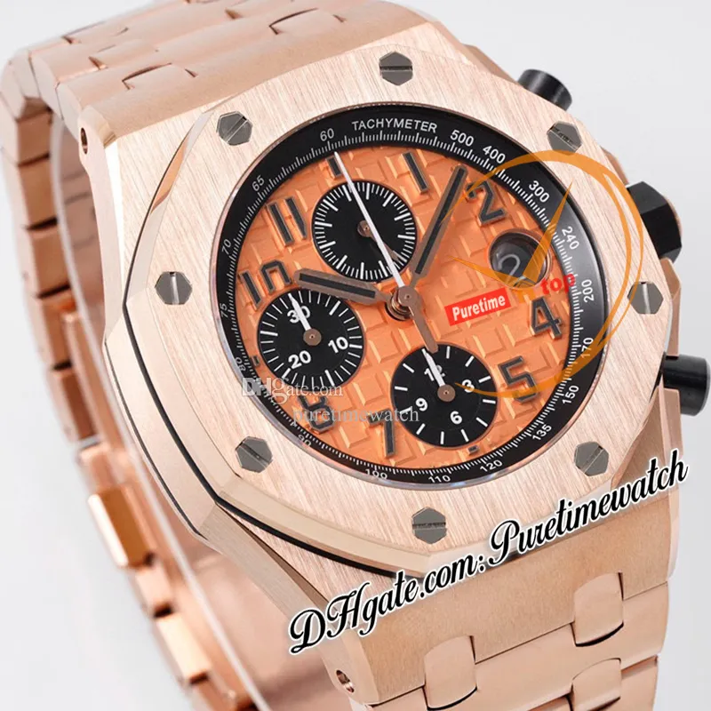 APF 42mm 26470OR A4404 Automatic Chronograph Mens Watch Rose Gold Champagne Black Textured Dial Stainless Steel Bracelet Super Edition Reloj Hombre Puretime A1