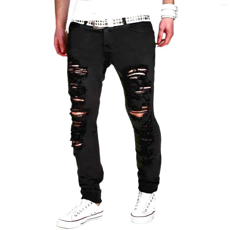 Men's Jeans Men's Ripped Skinny Vintage Male Solid Denim Trouser Fashion Mens Casual Destroyed Hole Slim Fit Pants Hip Hop Black