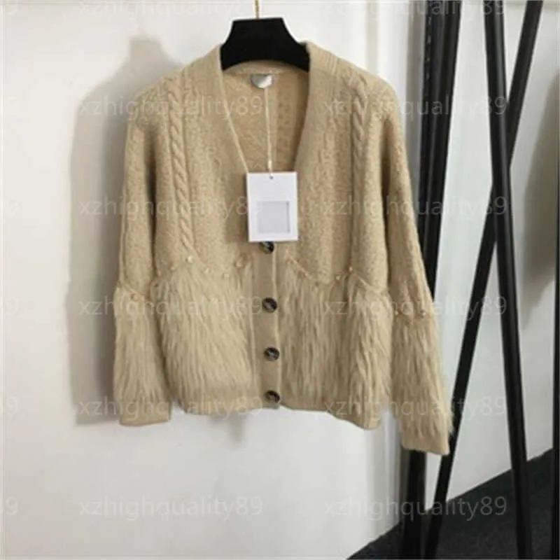 Designer Women Sweater Khaki a V-Neck Knitting Cardigan Coat Temperamento a maniche lunghe Maglie da maglieria Autunno Giacca da donna