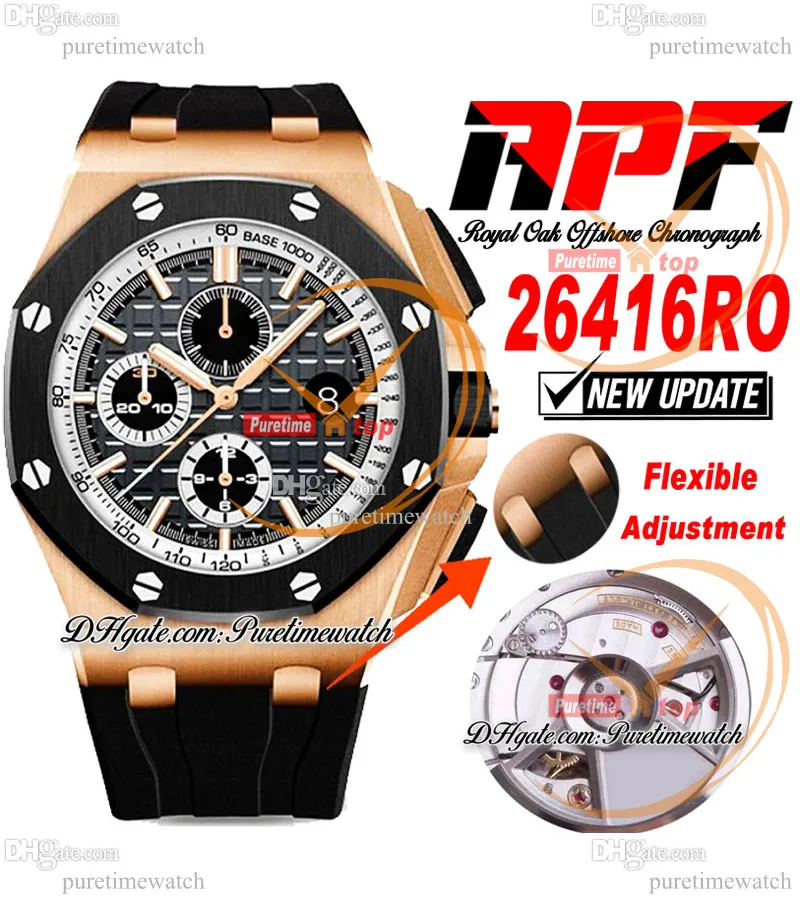 APF 44 mm 26416RO A3126 automatische chronograaf herenhorloge roségoud keramische bezel zwart witte wijzerplaat rubber exclusieve technologie superversie Puretimewatch B2