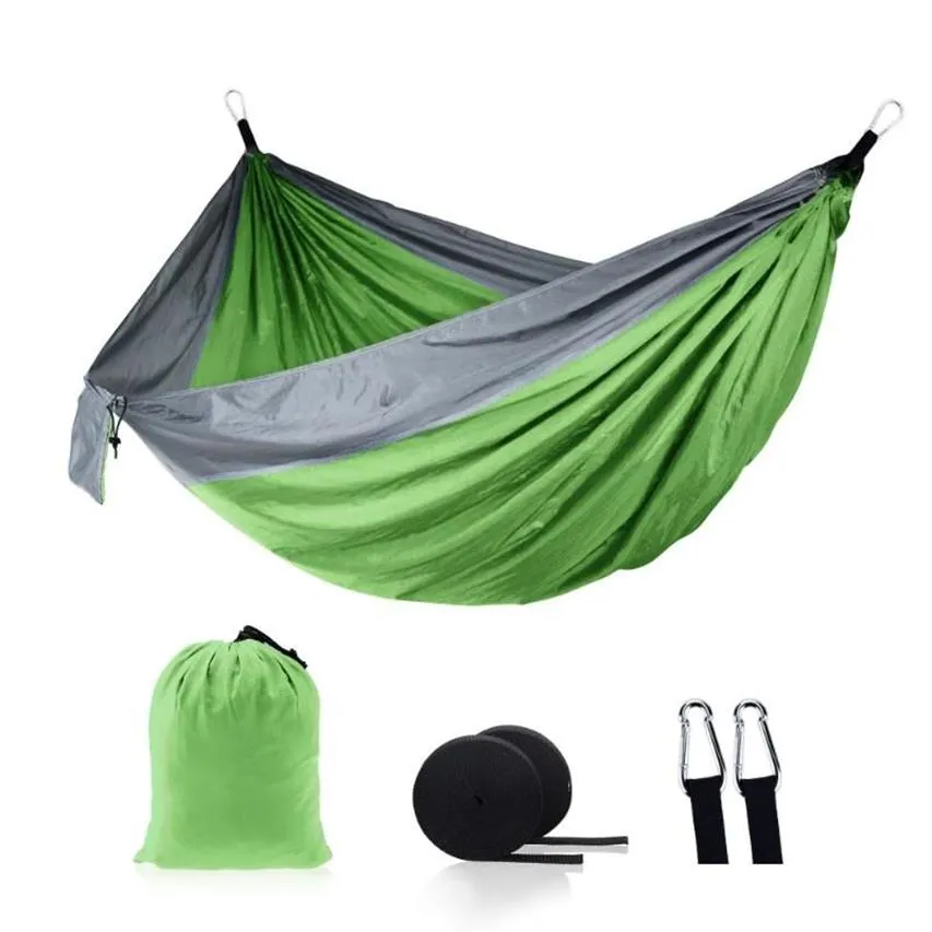 Hamaca individual doble para adultos, mochilero al aire libre, viaje, supervivencia, caza, cama para dormir, portátil con 2 correas, 2 mosquetones, 260n