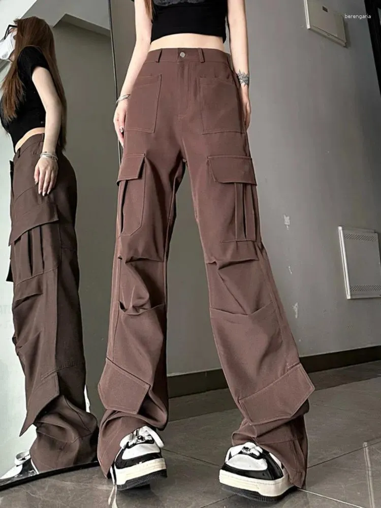 Kvinnors byxor American Retro Street Multi Pocket Black Dark Brown Cargo For Women 2023 Summer Loose Straight Fashion Casual